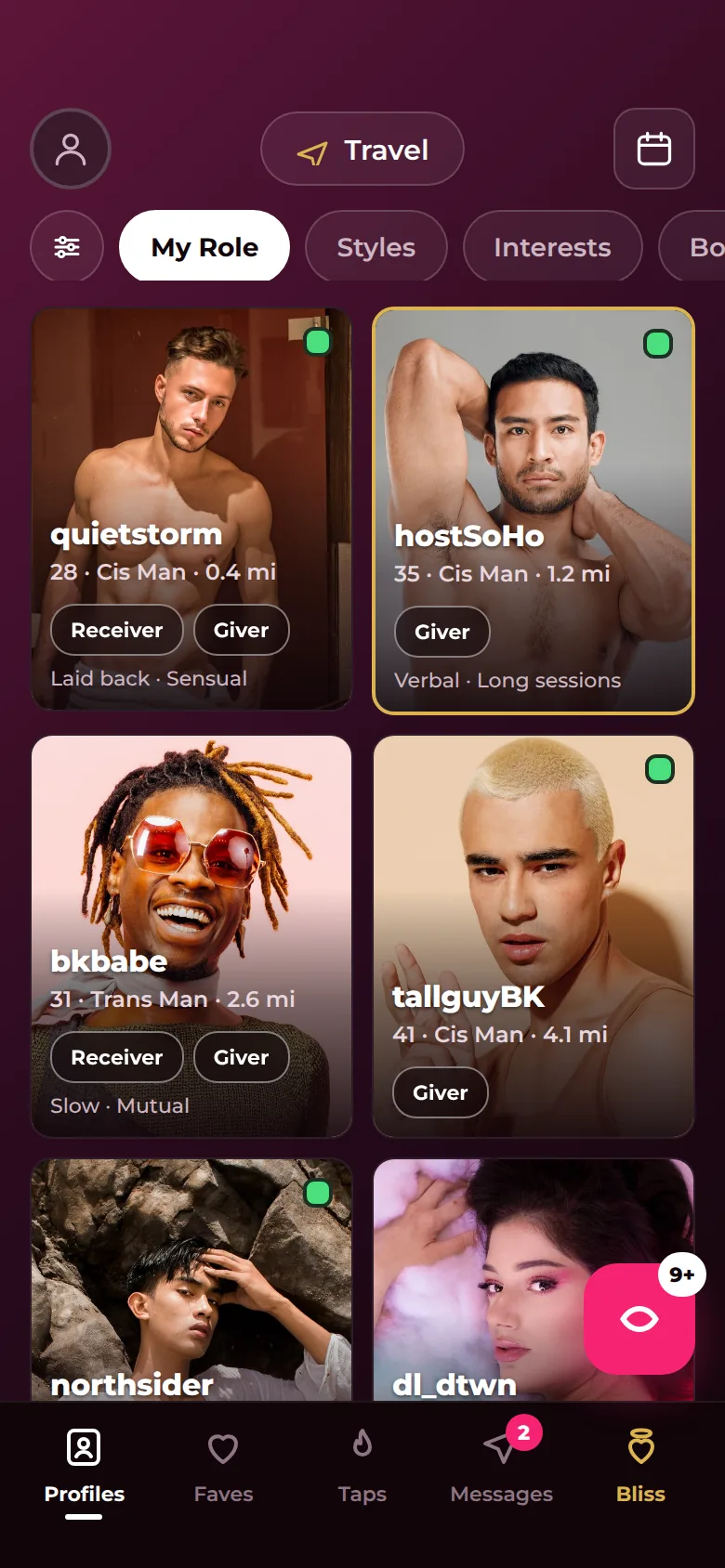 Headero's Profiles screen: a grid of nearby people, each card showing giver or receiver