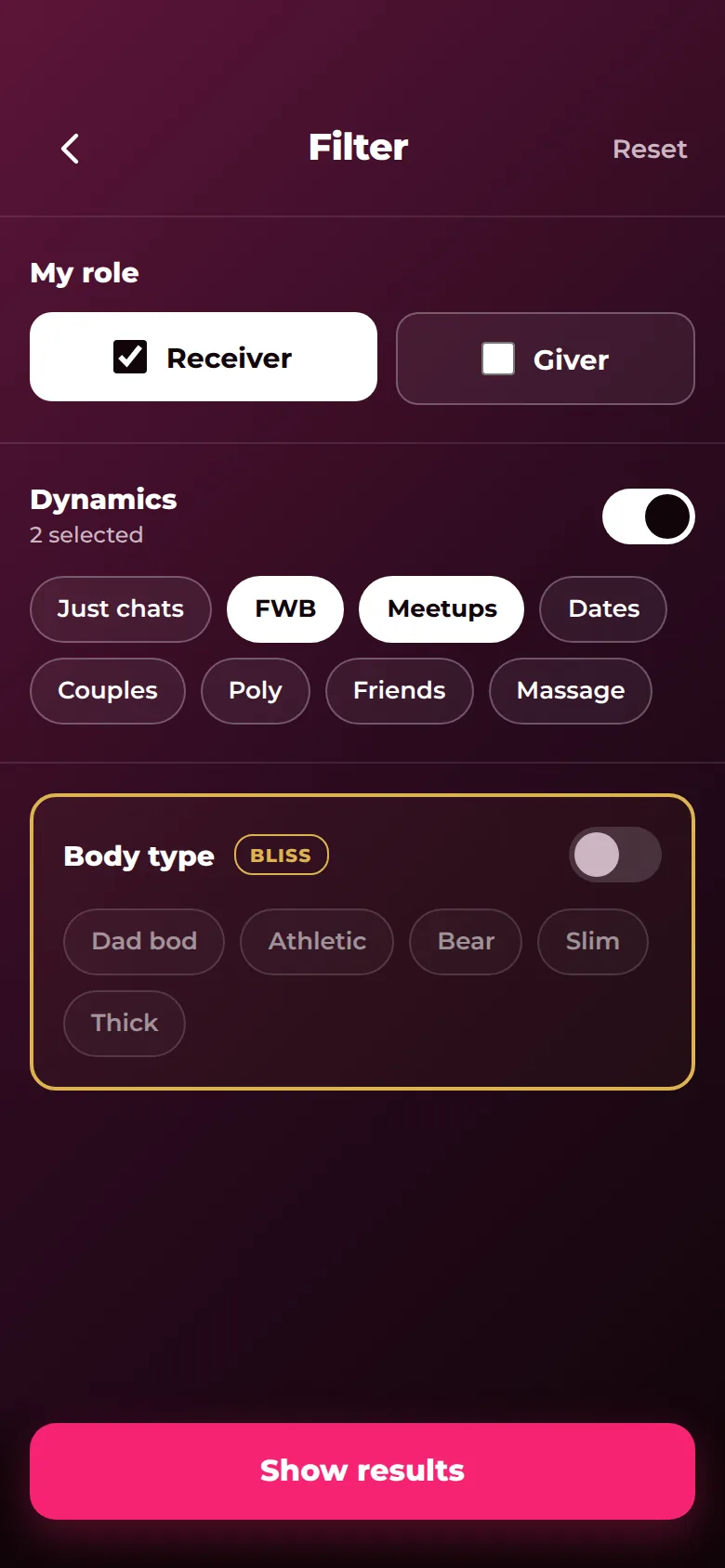 The Filter screen: My role set to Receiver, with dynamics like FWB and Meetups selected